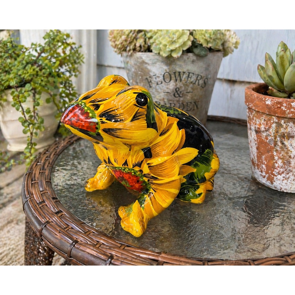 Vintage Frog Figurine Ceramic Sunflower Garden Statue Patio Decor 90s